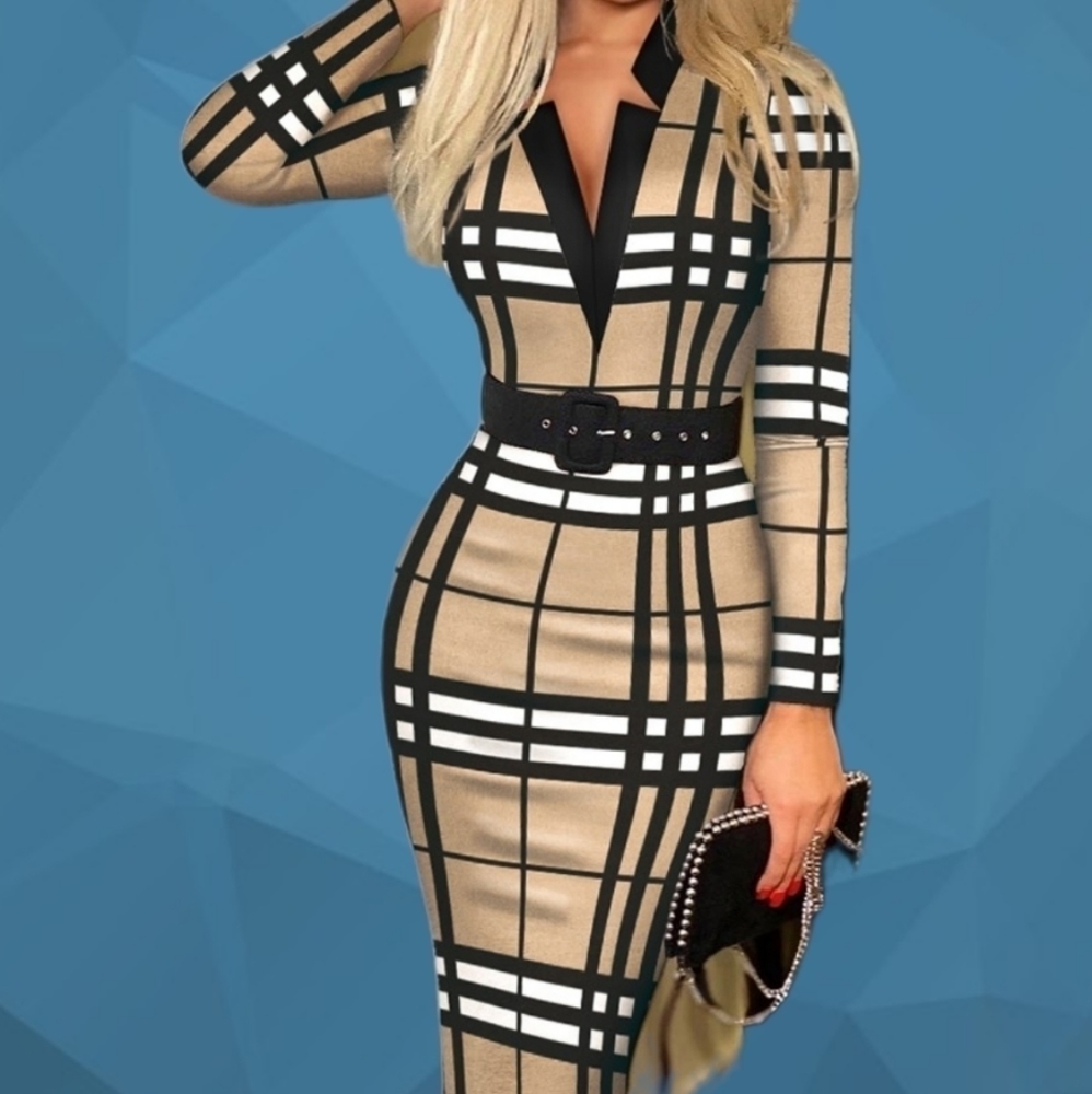 Chic Tan Plaid Long Sleeve Dress